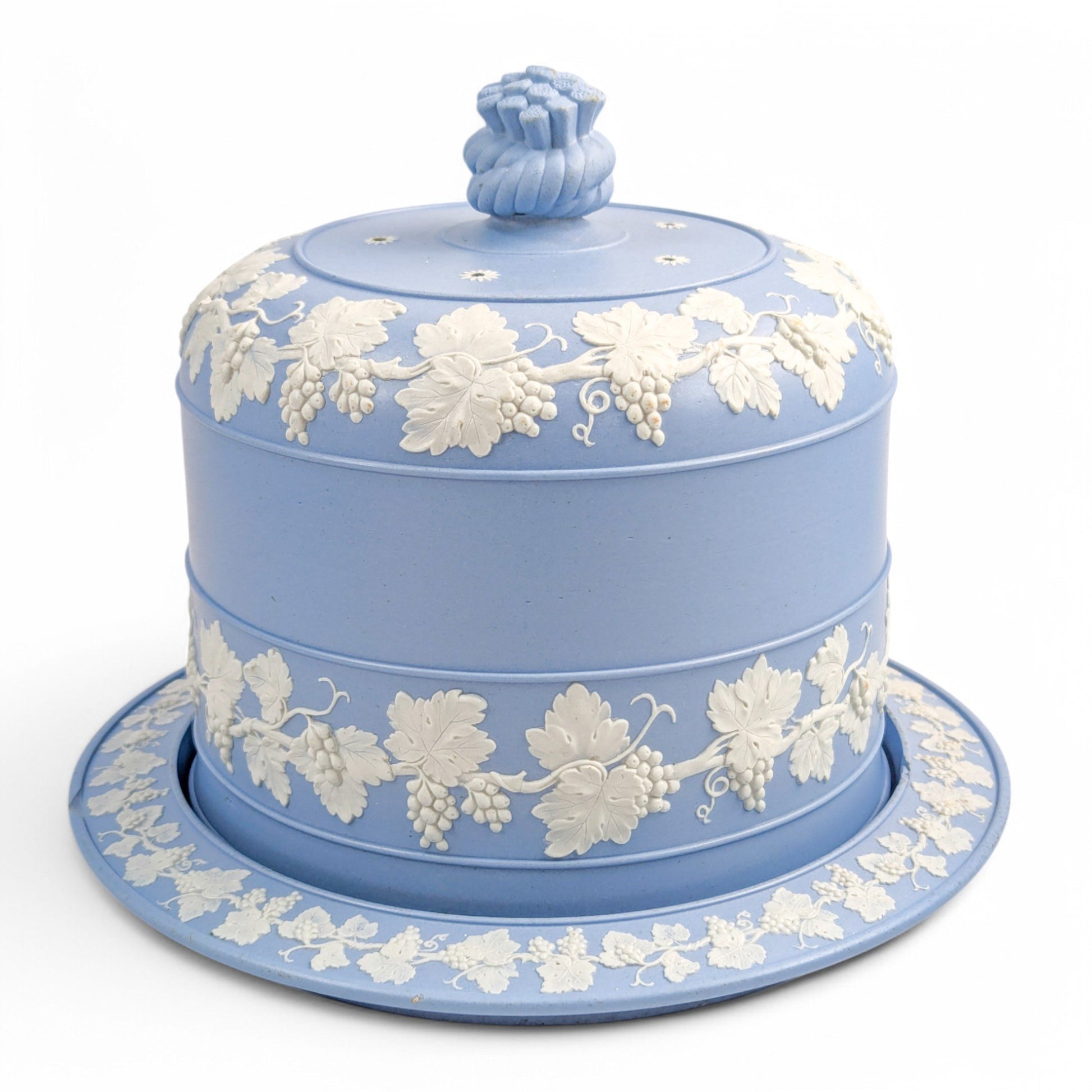 Antique English Wedgwood style blue jasperware cheese dome and stand with grapevine decoration, 19th century
