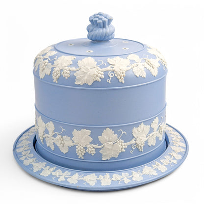 Antique English Wedgwood style blue jasperware cheese dome and stand with grapevine decoration, 19th century