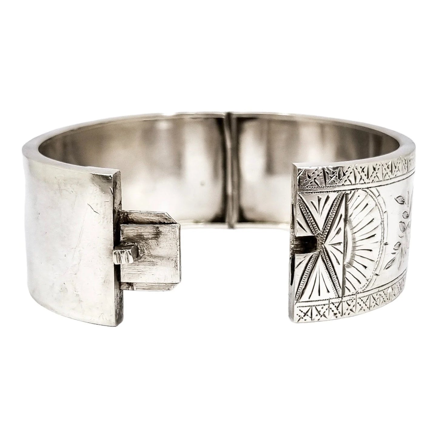 Large Victorian sterling silver Aesthetic cuff bangle / wide bracelet engraved with roses