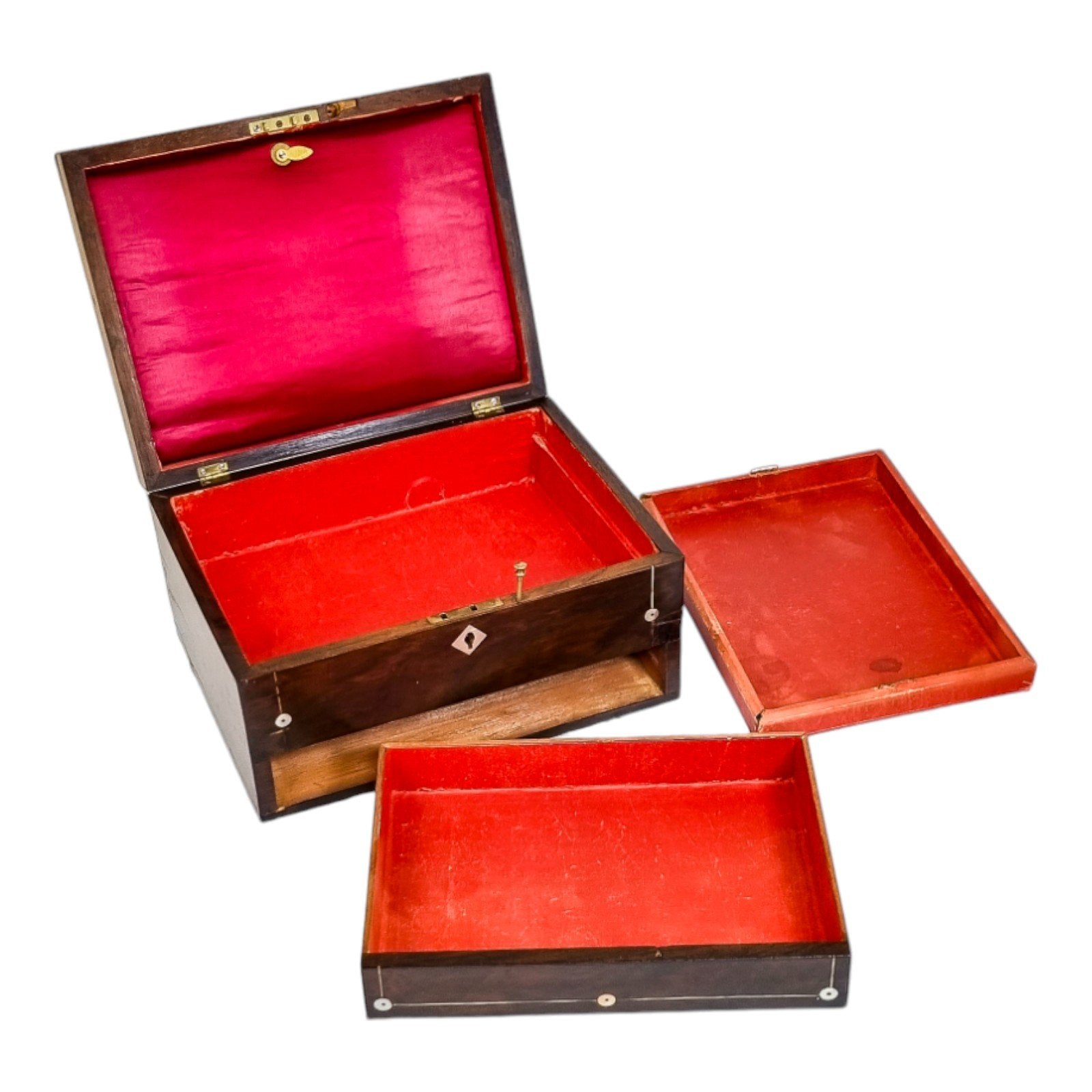 Victorian rosewood jewellery case/ lady's work box inlaid with mother-of-pearl