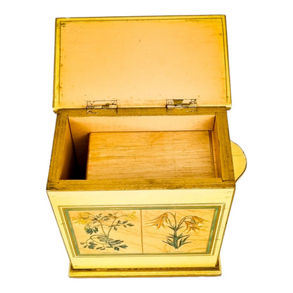 Georgian style rustic painted yellow wood storage box with pull out tray and ladybird