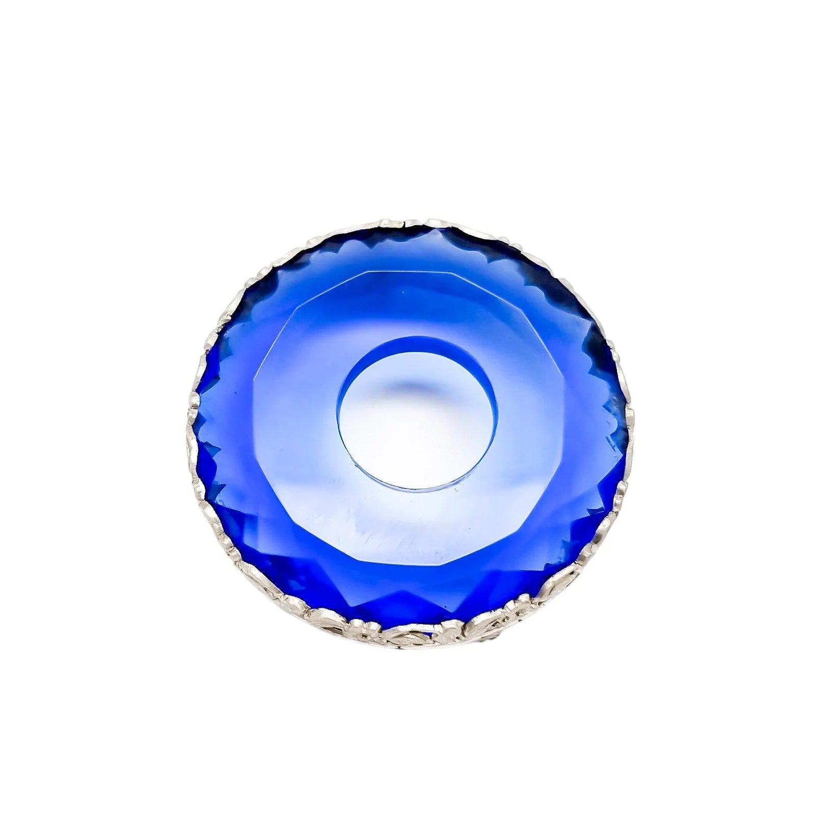 Art Deco Chinese export silver large round brooch with faceted blue glass