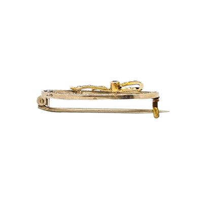 Antique 9ct gold oval openwork brooch with sapphire and seed pearl bow