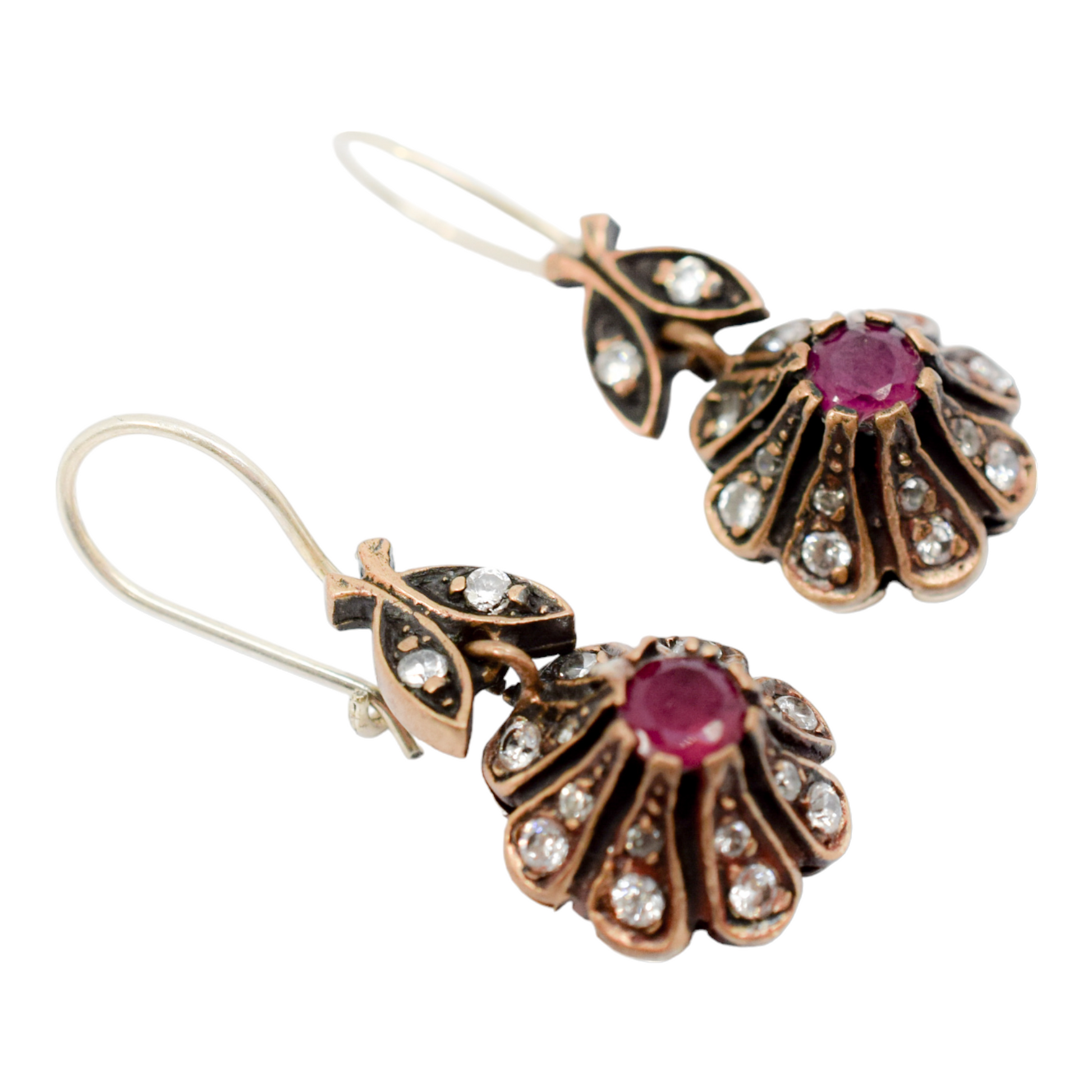 Renaissance style large sterling silver cluster floral drop earrings, ruby and paste