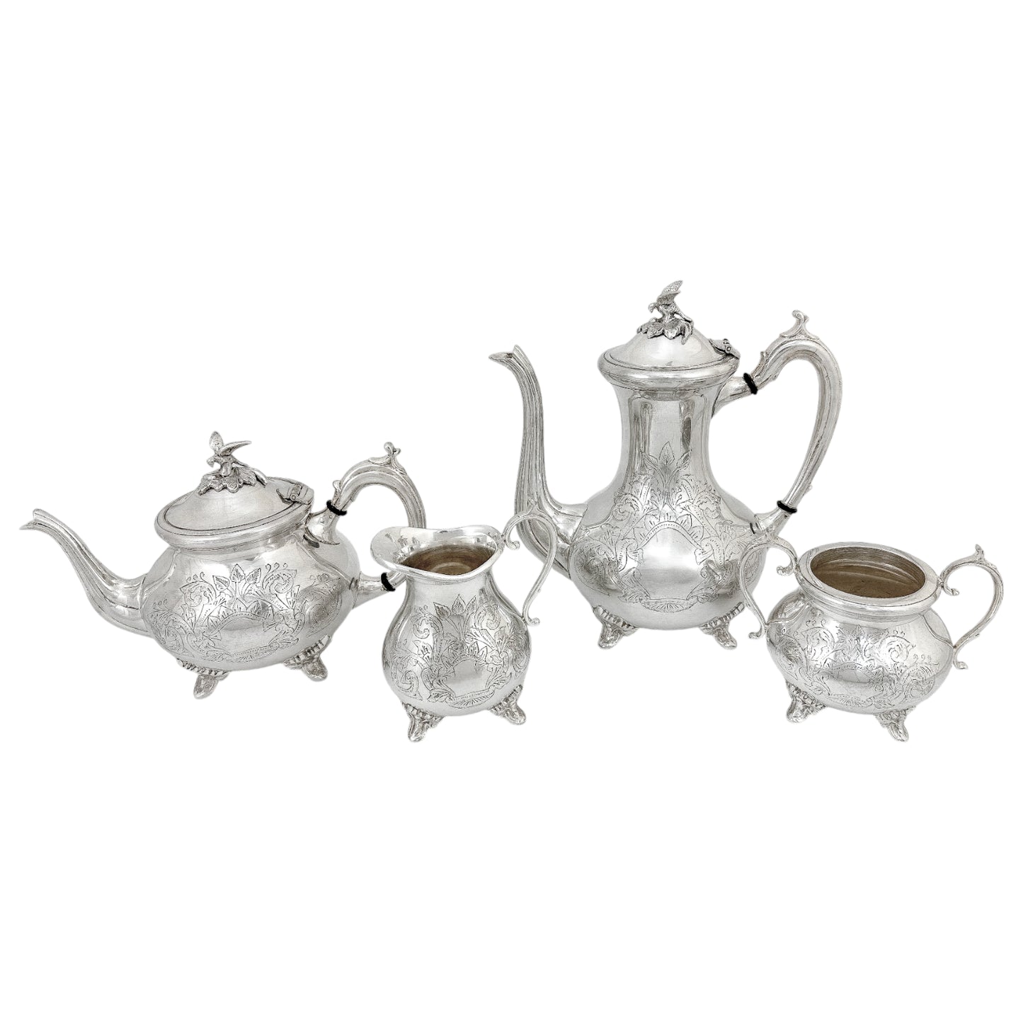 Victorian silver plated large four-piece tea and coffee set with bird finials to lids