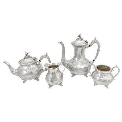 Victorian silver plated large four-piece tea and coffee set with bird finials to lids