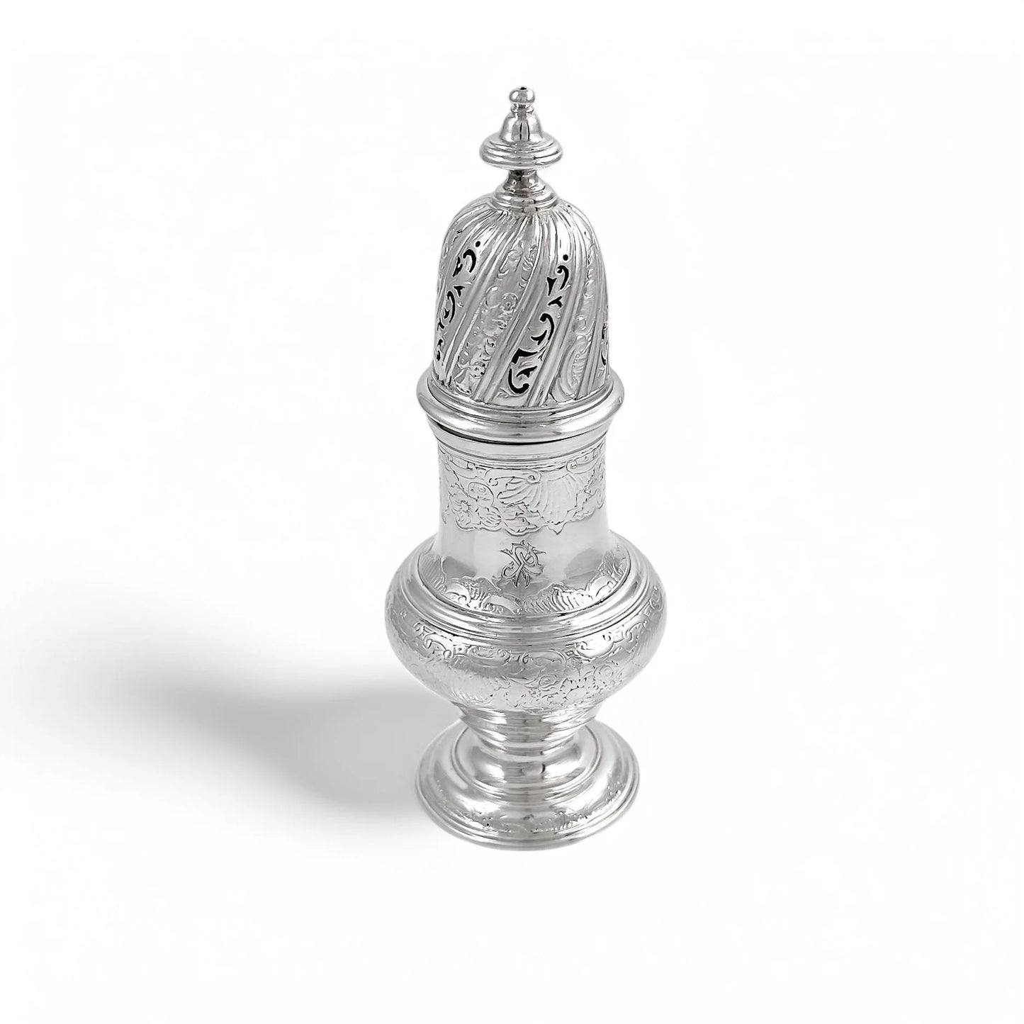 George II large sterling silver pepper pot / sugar sifter / muffineer, Samuel Wood, 1744