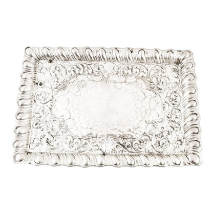 Art Nouveau sterling silver dressing table tray with embossed flowers, scrolls and leaves