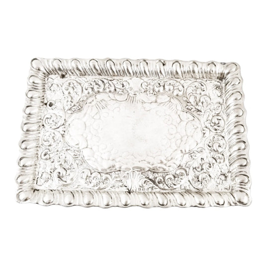 Art Nouveau sterling silver dressing table tray with embossed flowers, scrolls and leaves