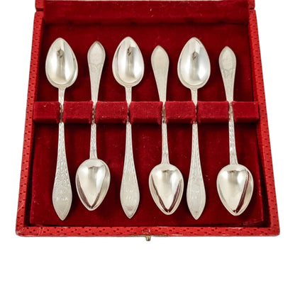 Antique set 6 Danish solid silver long bright-cut teaspoons, I. Bronee (1904)