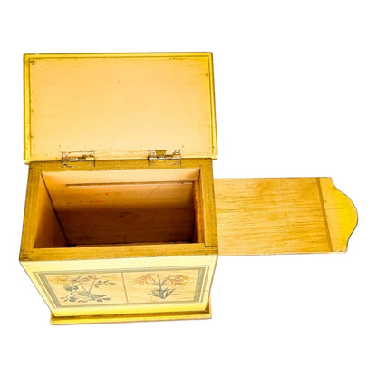 Georgian style rustic painted yellow wood storage box with pull out tray and ladybird
