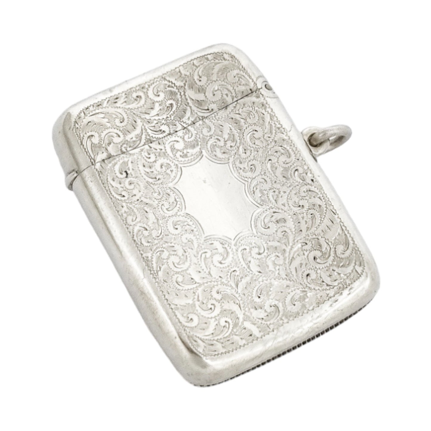 George V  large gilt sterling silver vesta case with vacant cartouche and engraved scrolls