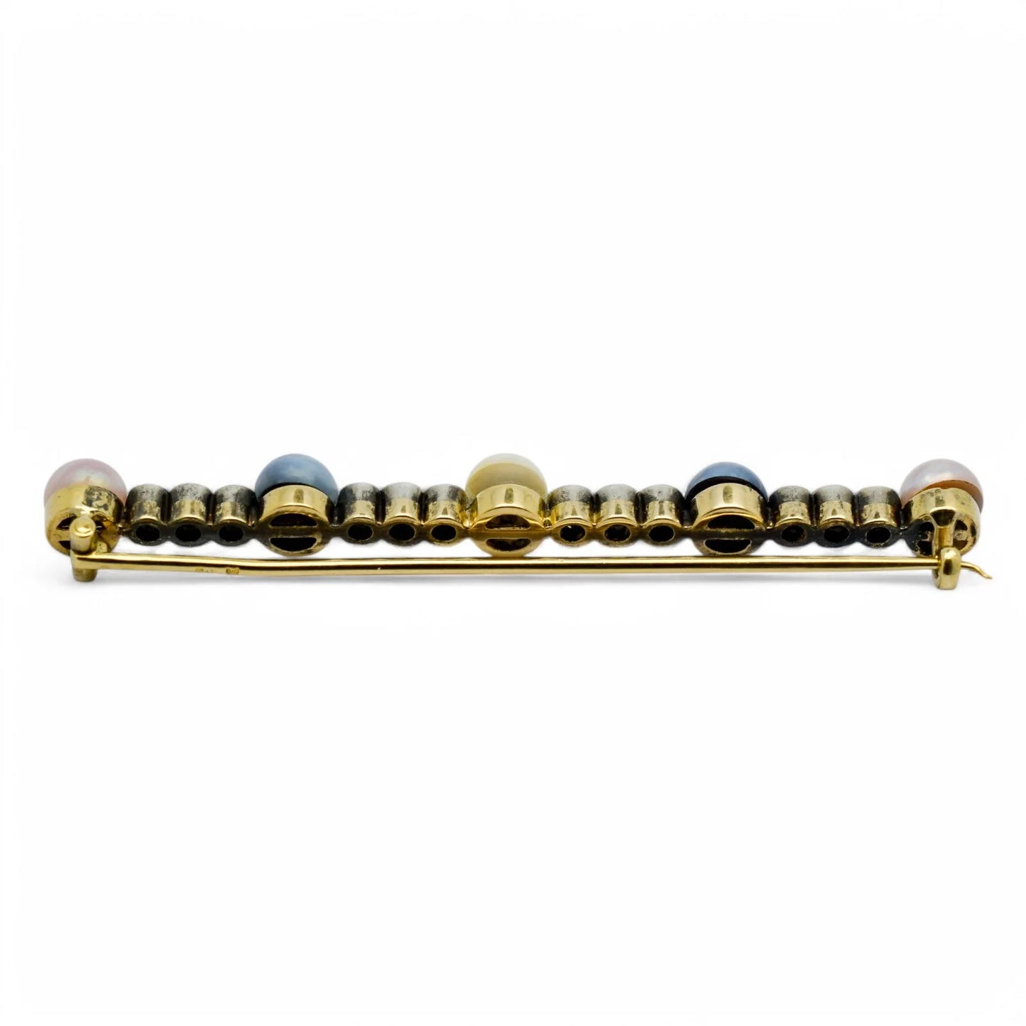 Belle Époque style 14 kt gold brooch set with Old European cut diamonds and pearls