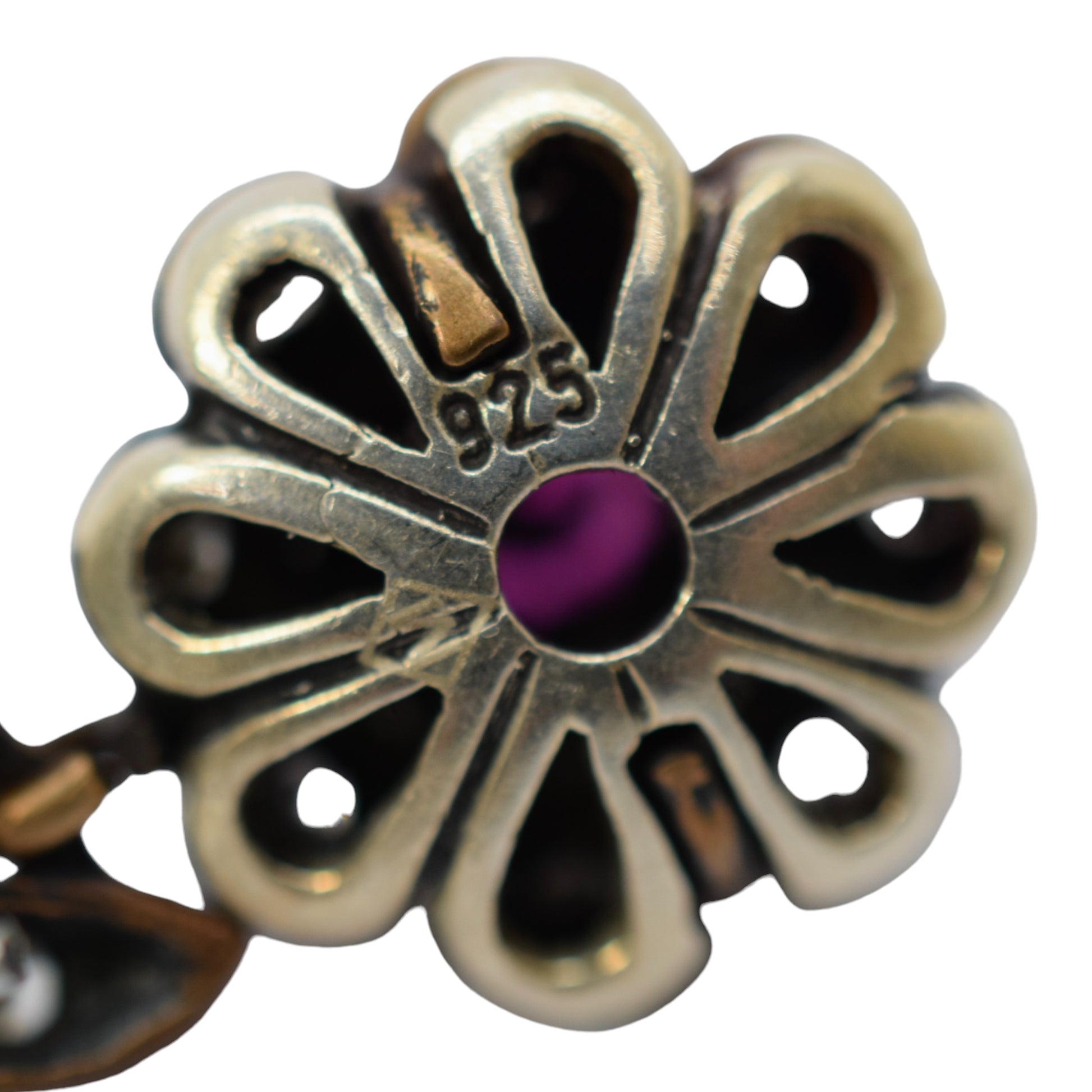 Renaissance style large sterling silver cluster floral drop earrings, ruby and paste