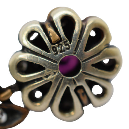 Renaissance style large sterling silver cluster floral drop earrings, ruby and paste