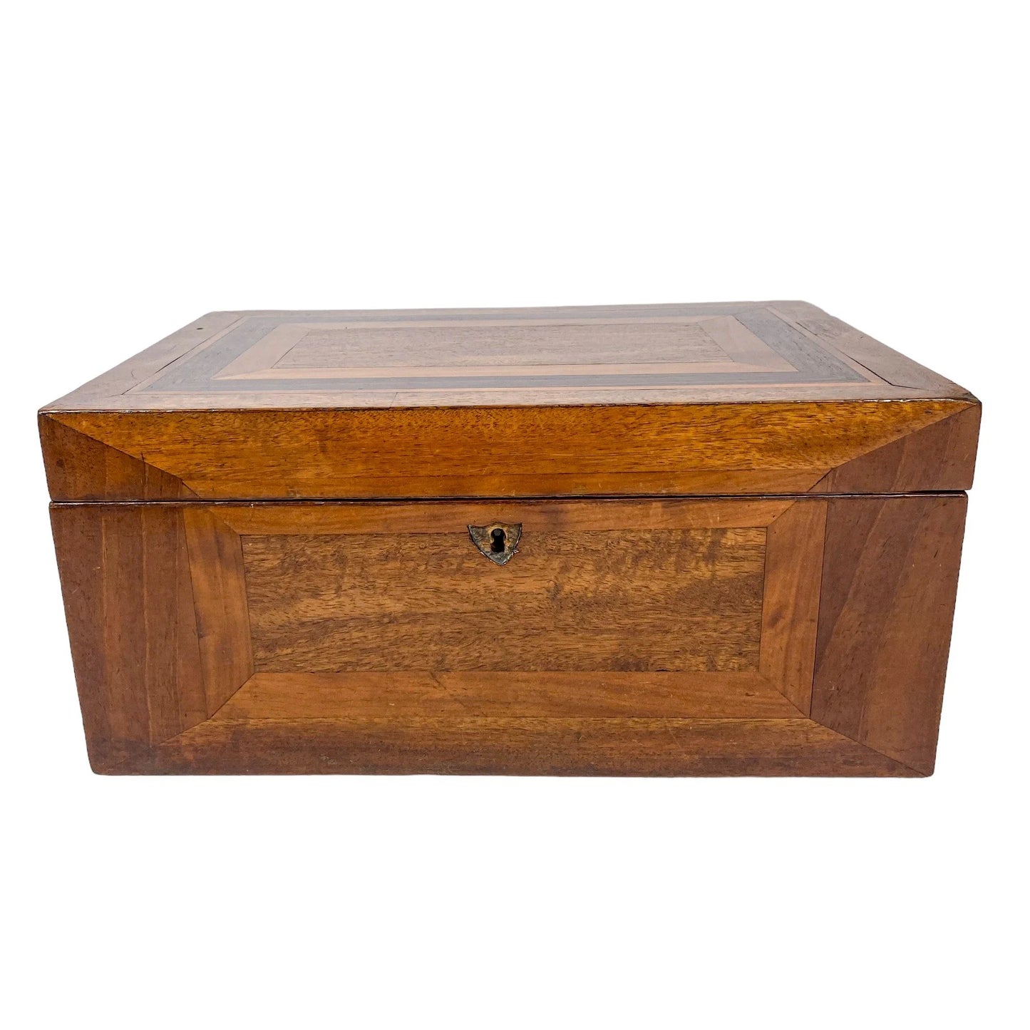 Victorian jewellery keepsake / work box with geometric marquetry inlay
