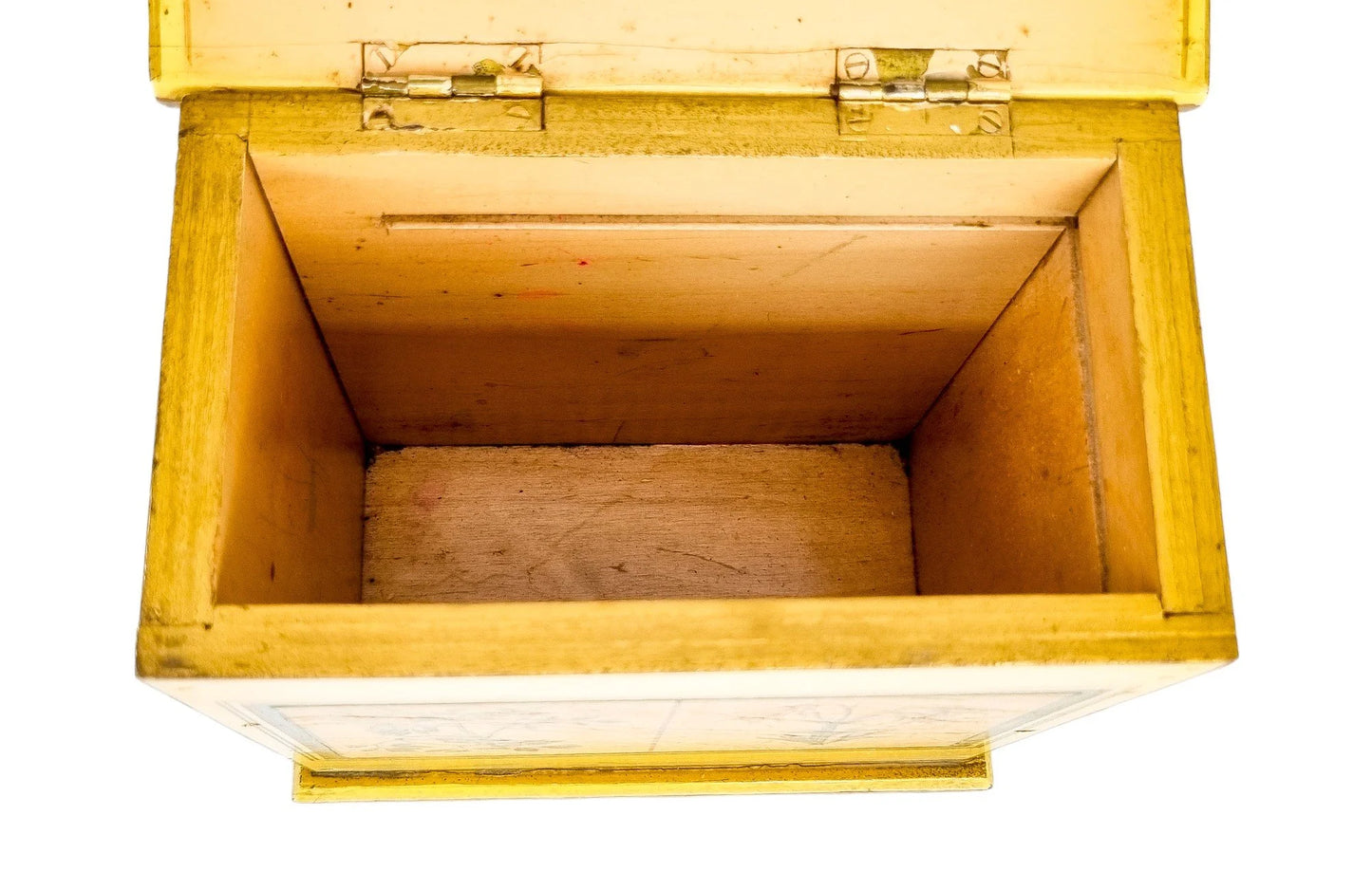 Georgian style rustic painted yellow wood storage box with pull out tray and ladybird