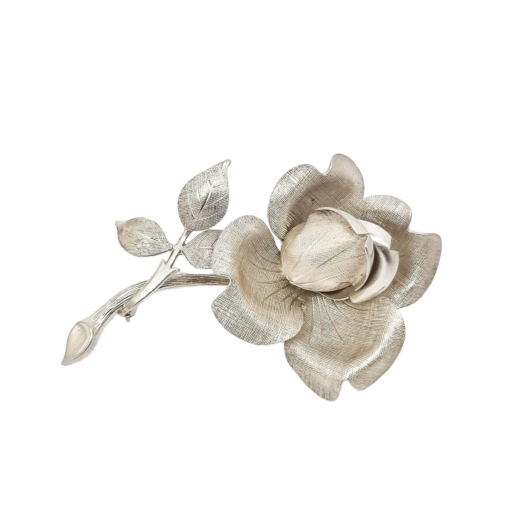 1960’s large brushed sterling silver rose spray brooch