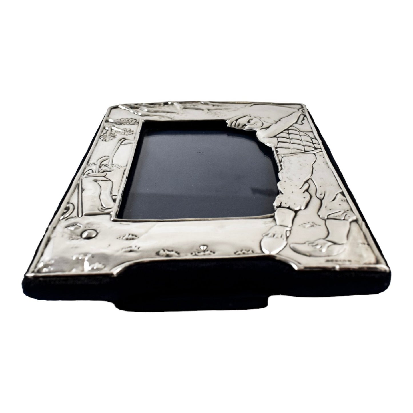 Sterling silver strut easel photo frame with golfer, golfing caddy and tree