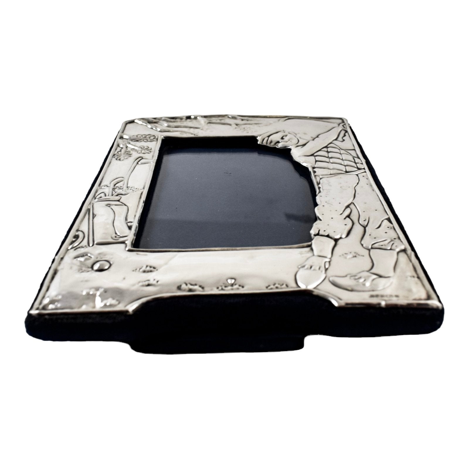 Sterling silver strut easel photo frame with golfer, golfing caddy and tree
