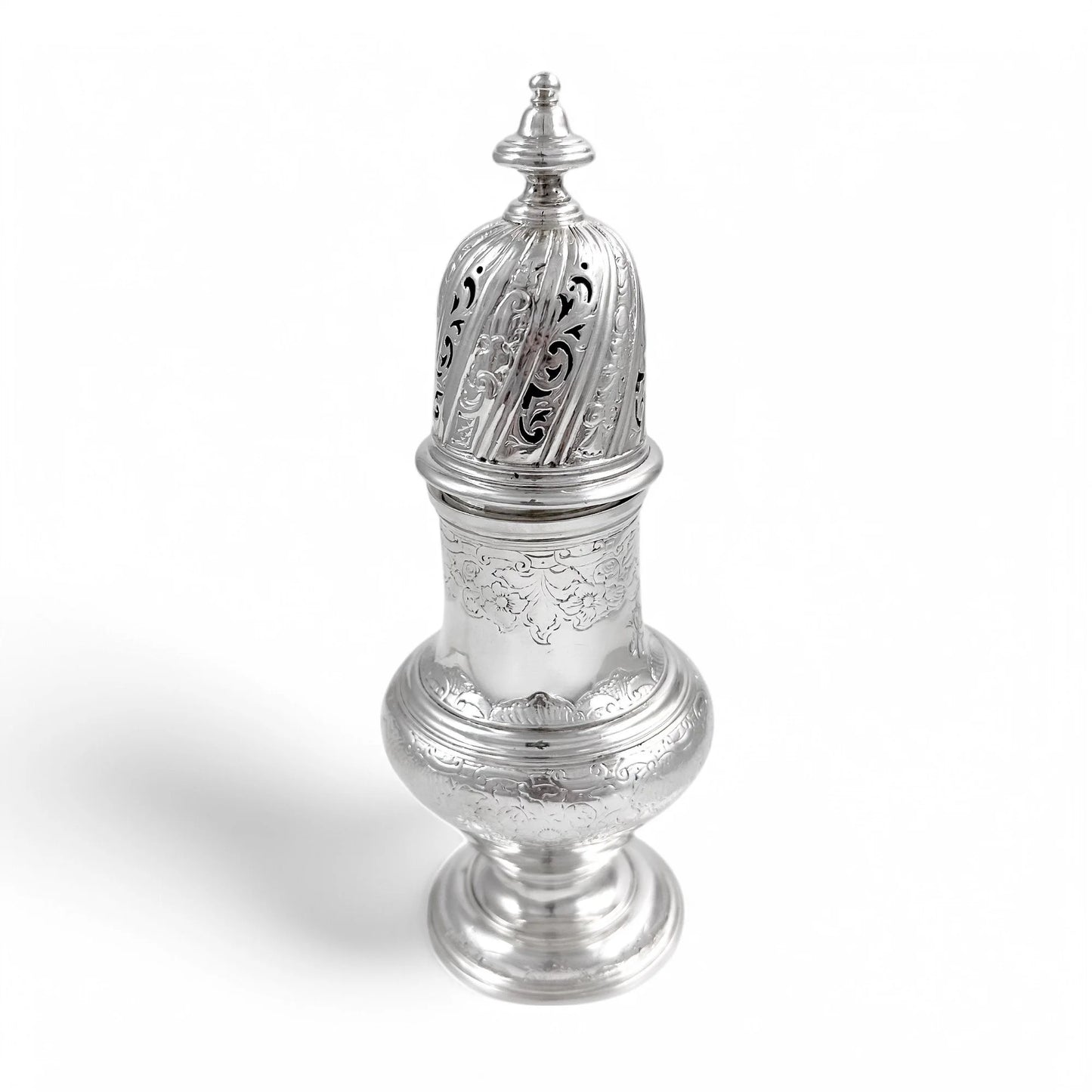 George II large sterling silver pepper pot / sugar sifter / muffineer, Samuel Wood, 1744