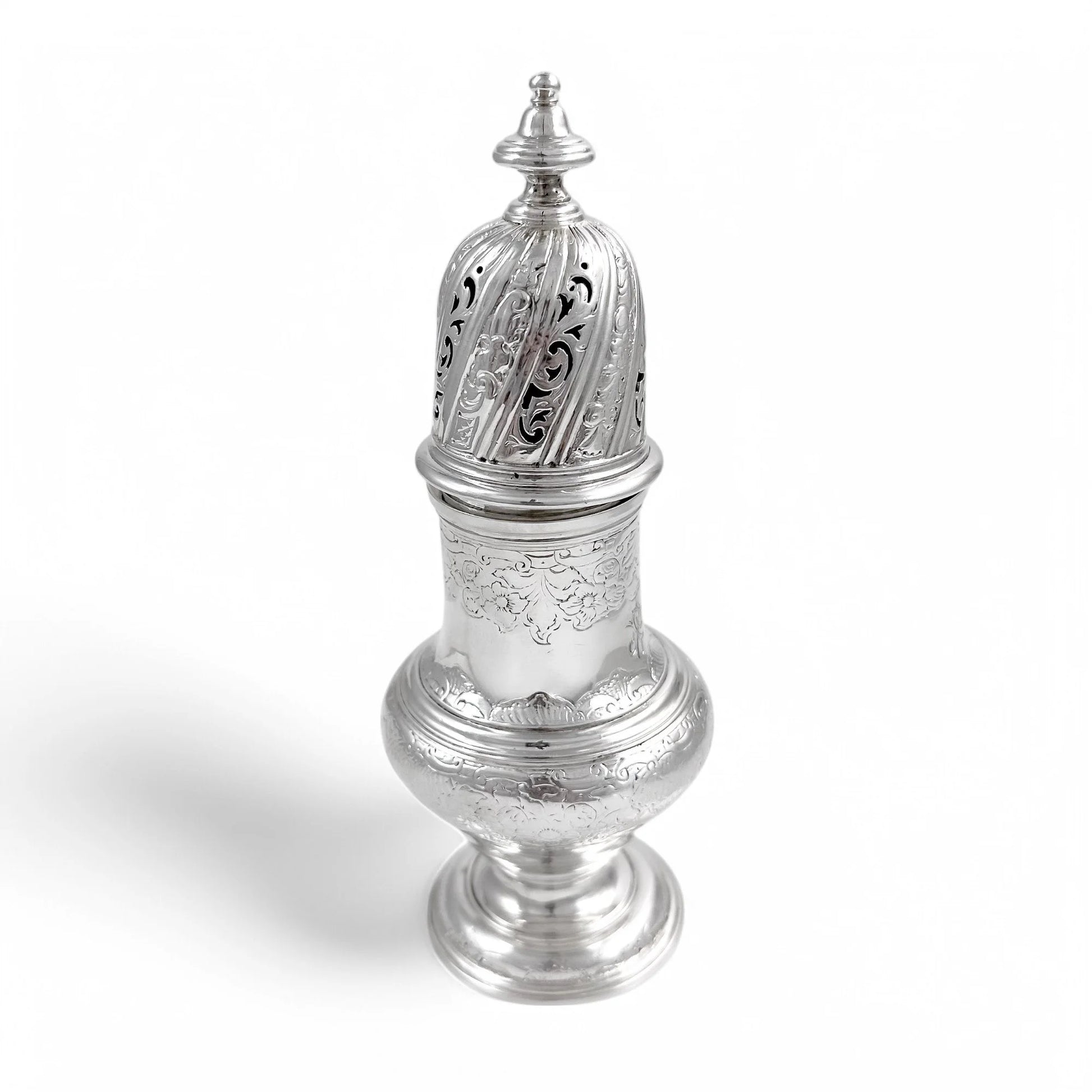 George II large sterling silver pepper pot / sugar sifter / muffineer, Samuel Wood, 1744