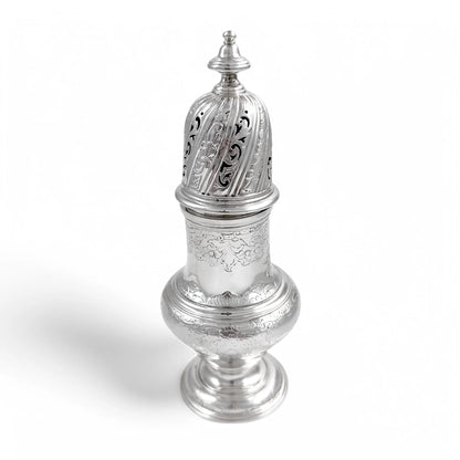 George II large sterling silver pepper pot / sugar sifter / muffineer, Samuel Wood, 1744