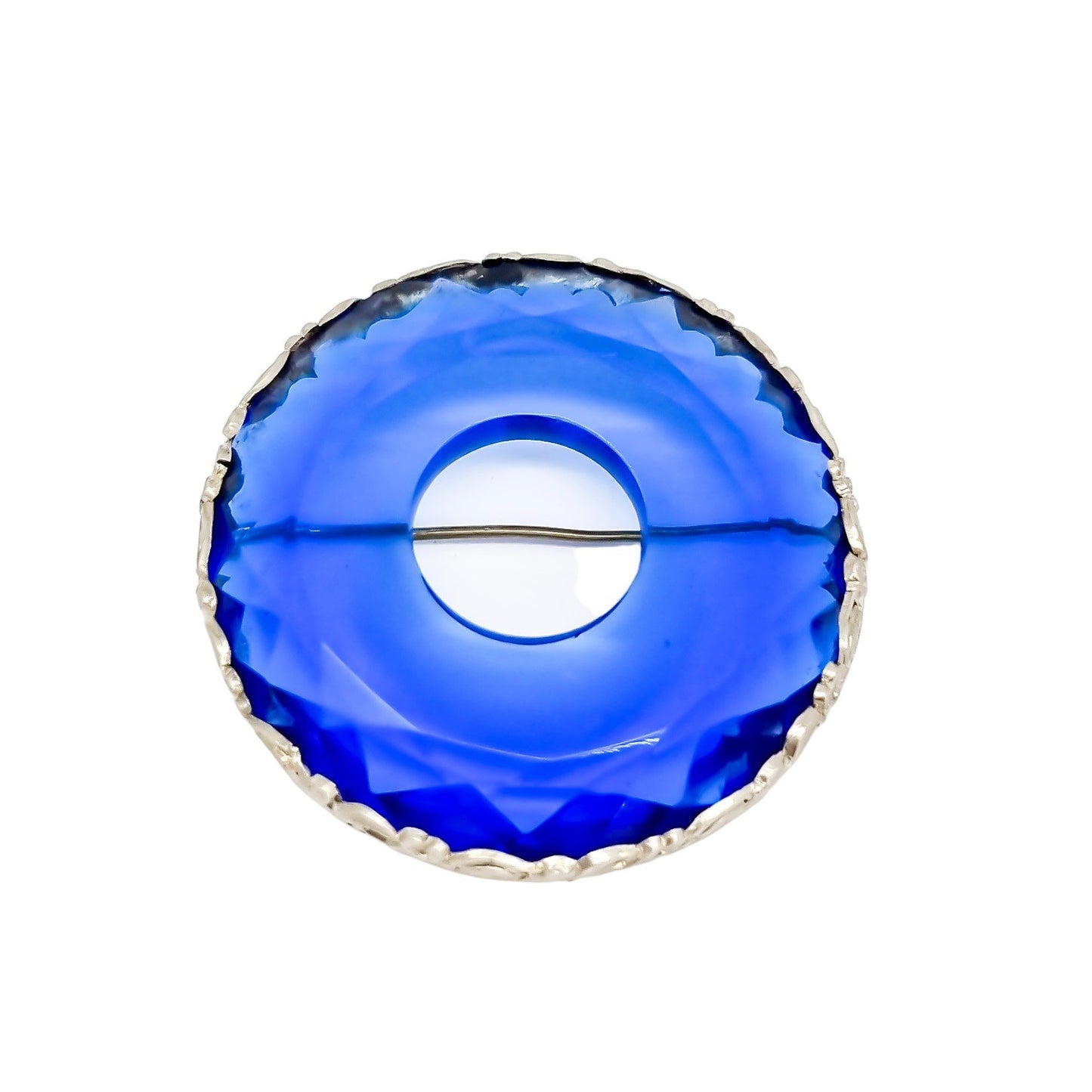 Art Deco Chinese export silver large round brooch with faceted blue glass