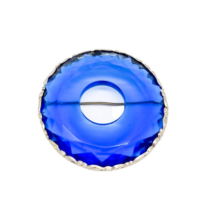 Art Deco Chinese export silver large round brooch with faceted blue glass