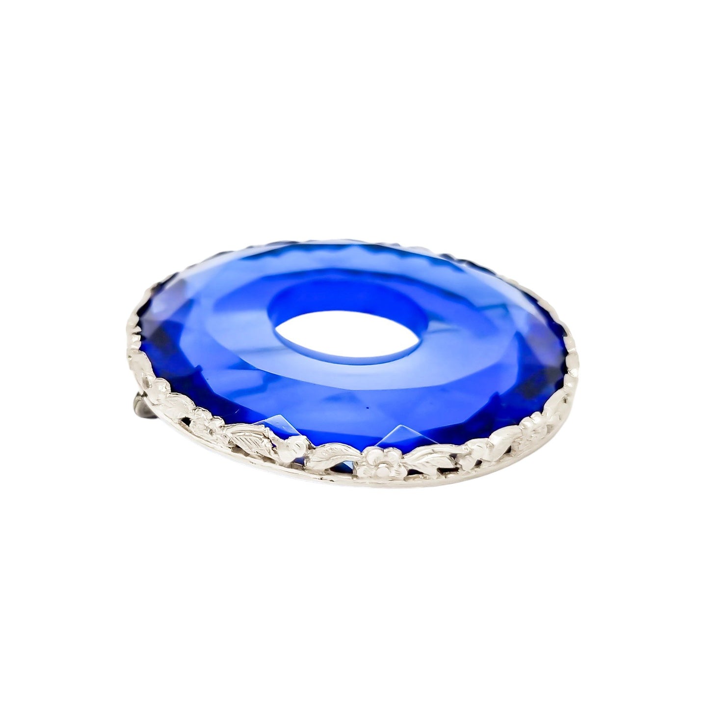 Art Deco Chinese export silver large round brooch with faceted blue glass
