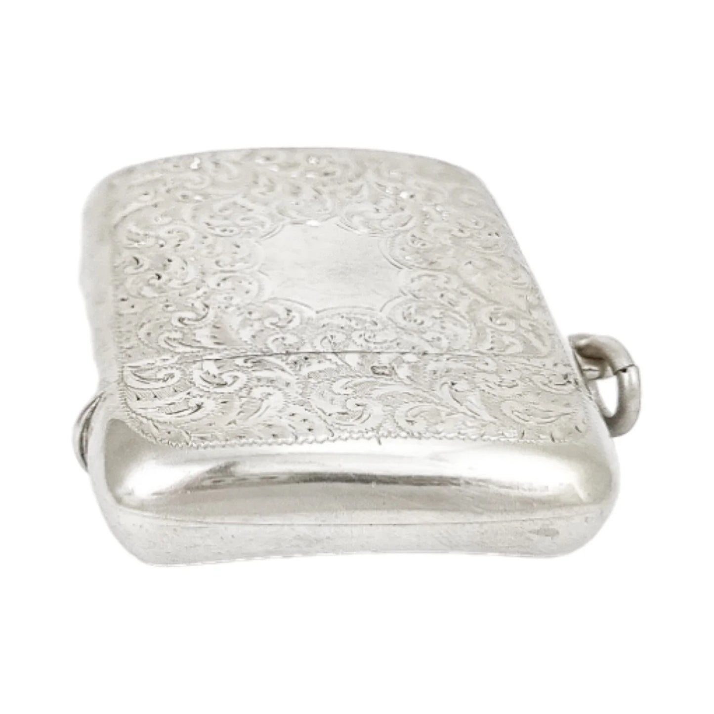 George V  large gilt sterling silver vesta case with vacant cartouche and engraved scrolls