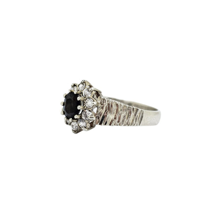 Sterling silver sapphire flower halo cluster ring in Brutalist style, size P