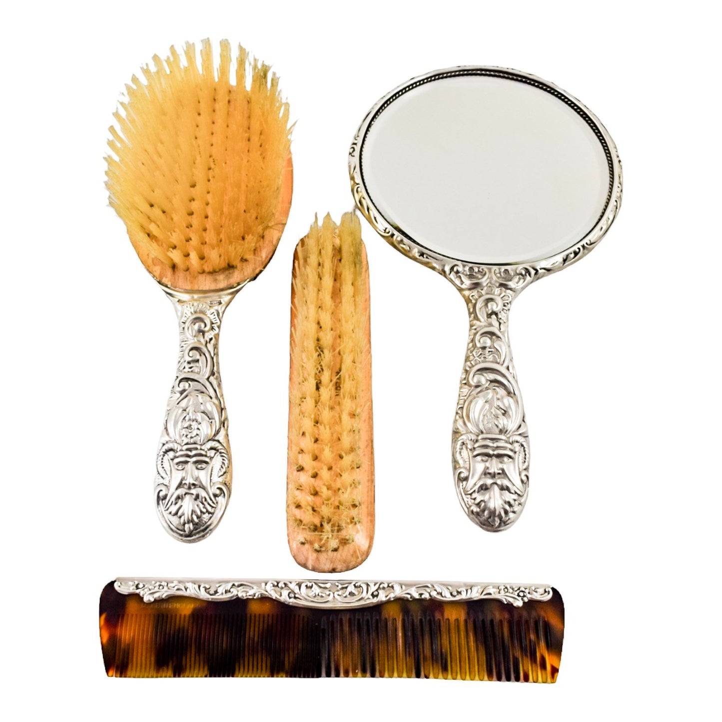Cased vintage sterling silver 4 piece vanity dressing table set; mirror, brush, comb