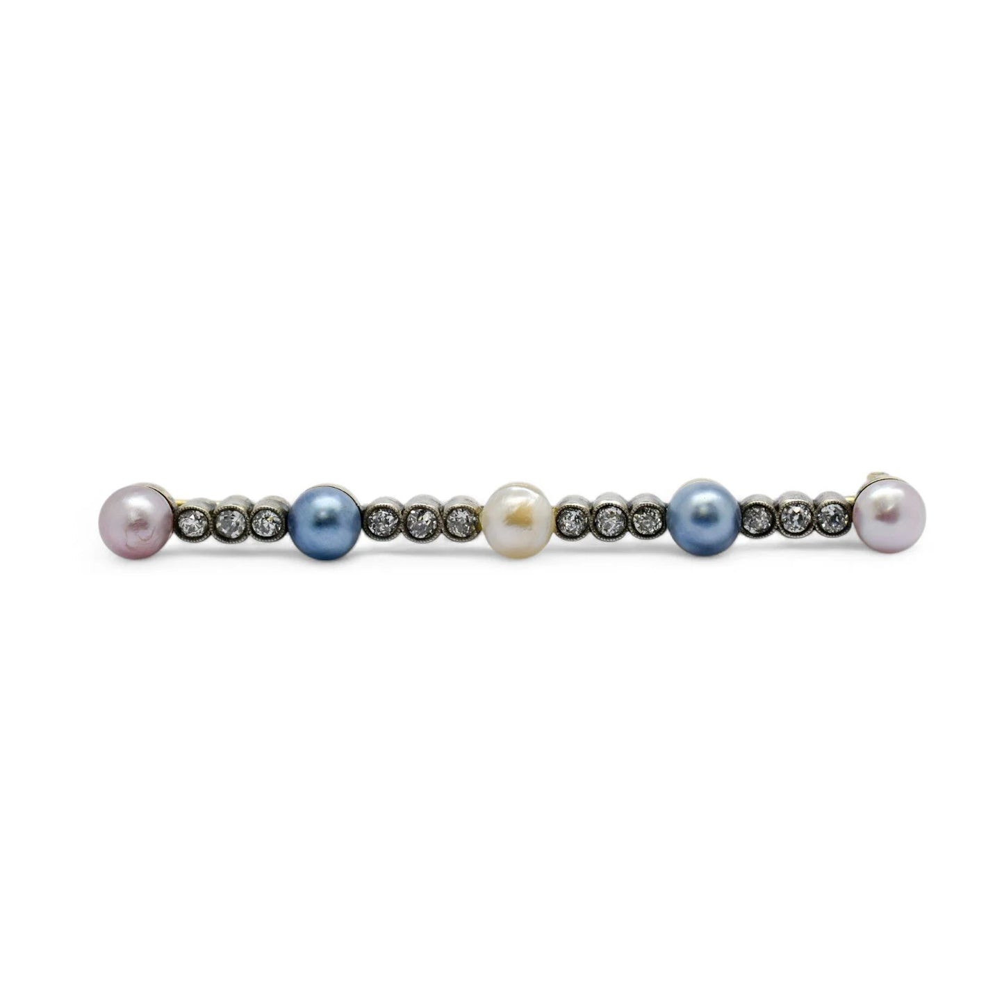 Belle Époque style 14 kt gold brooch set with Old European cut diamonds and pearls