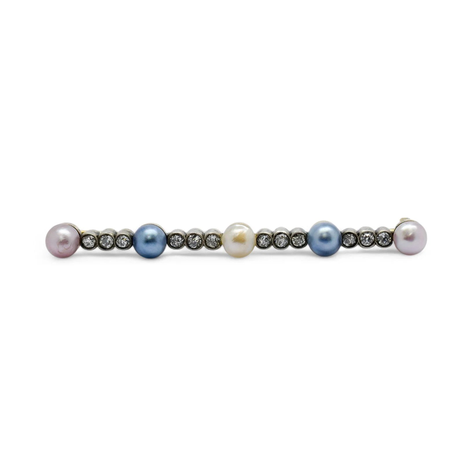 Belle Époque style 14 kt gold brooch set with Old European cut diamonds and pearls