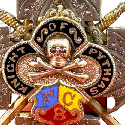 Antique Knights of Pythias 10 ct gold watch fob pendant with ruby skull and crossbones