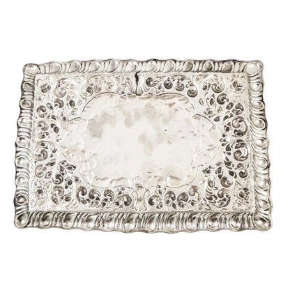 Art Nouveau sterling silver dressing table tray with embossed flowers, scrolls and leaves