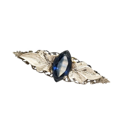 Edwardian Scottish silver blue rhinestone filigree leaf brooch