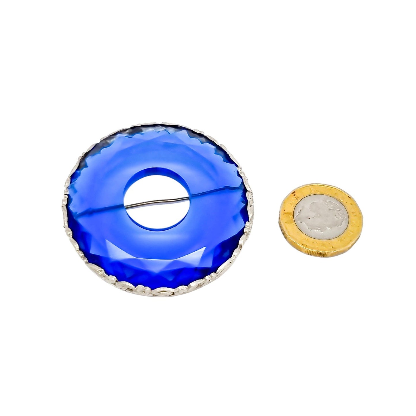 Art Deco Chinese export silver large round brooch with faceted blue glass