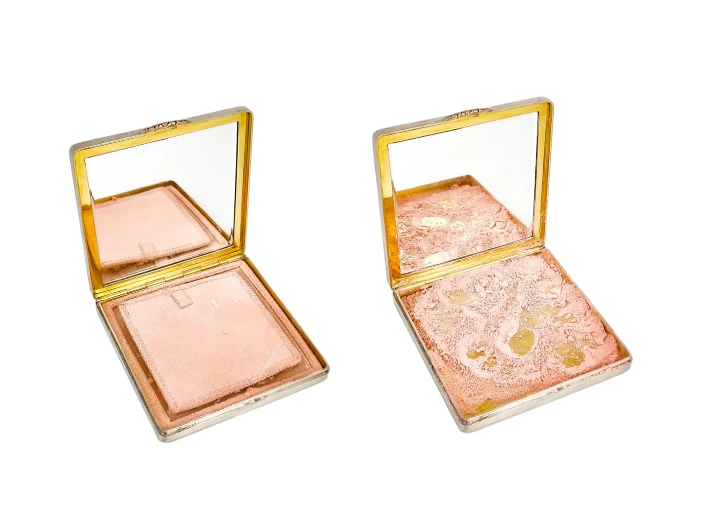 Silver matching cigarette case and powder compact with 9ct rose gold bands and letter "A"