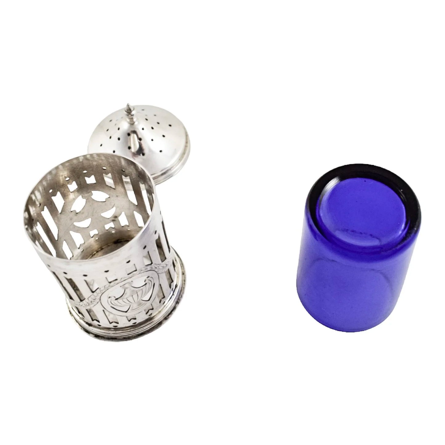 Neoclassical urn sterling silver Bristol glass pepper shaker / sugar caster/ muffineer