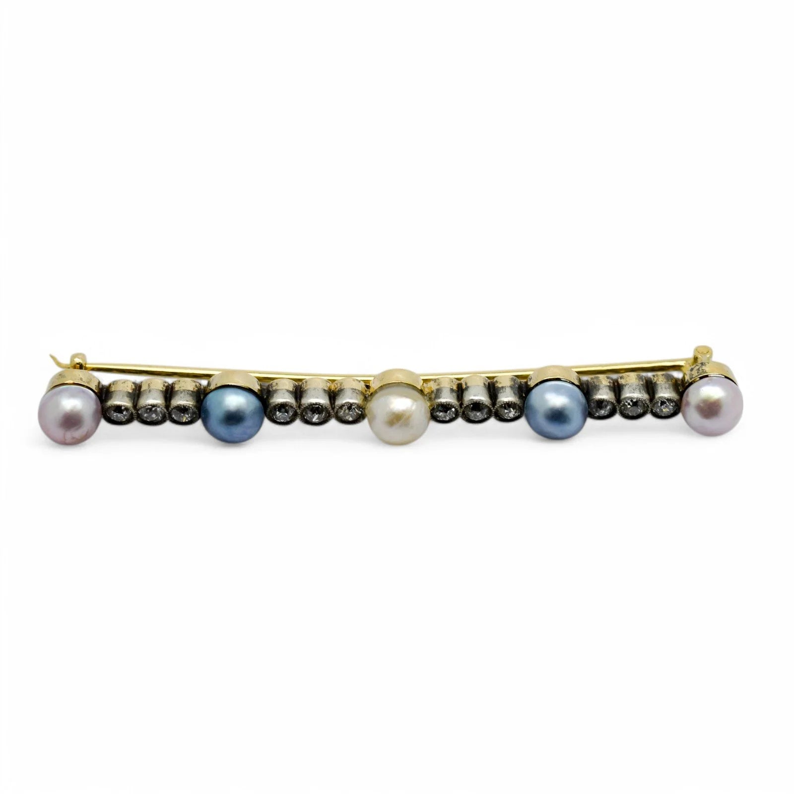 Belle Époque style 14 kt gold brooch set with Old European cut diamonds and pearls