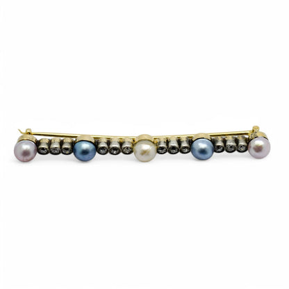 Belle Époque style 14 kt gold brooch set with Old European cut diamonds and pearls