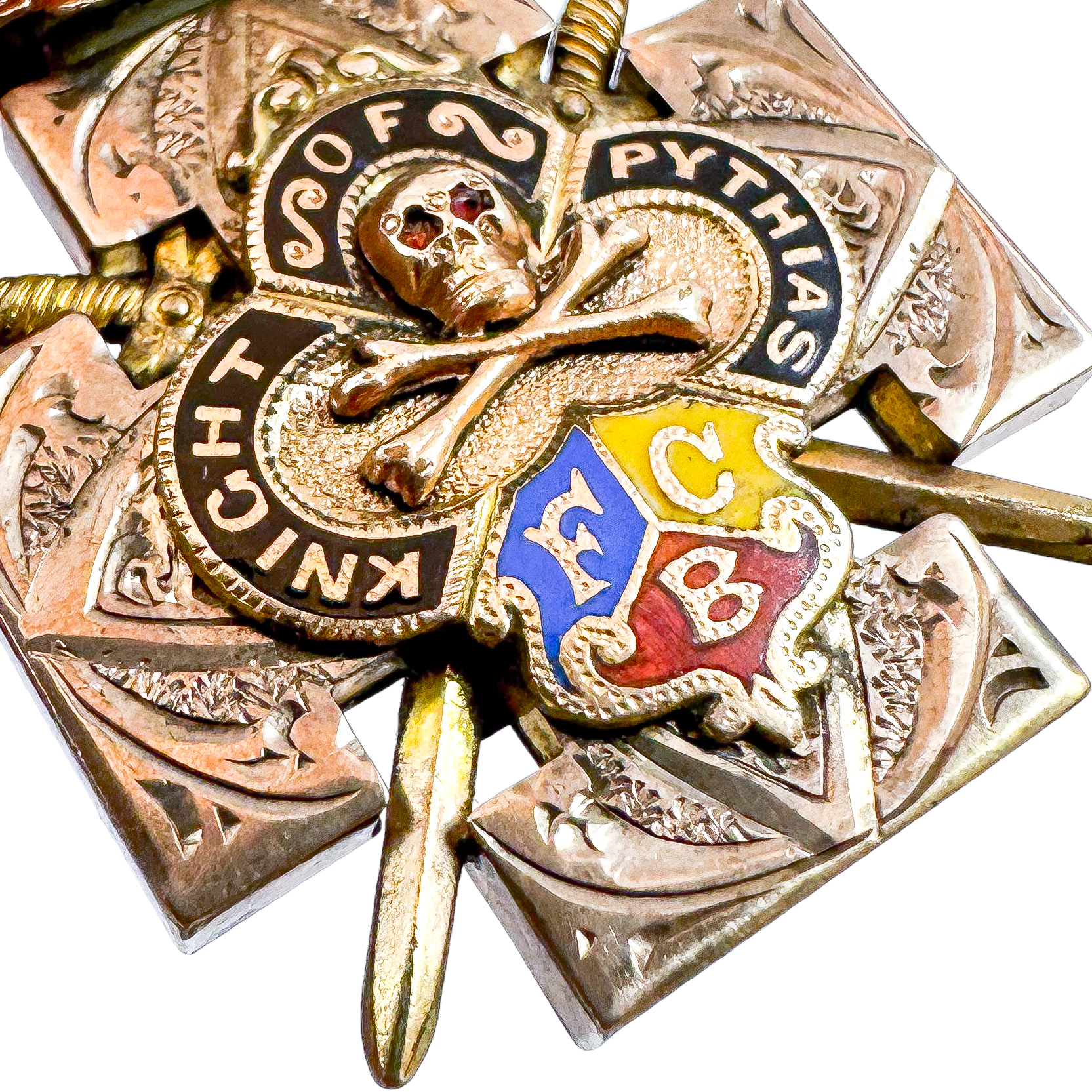 Antique Knights of Pythias 10 ct gold watch fob pendant with ruby skull and crossbones