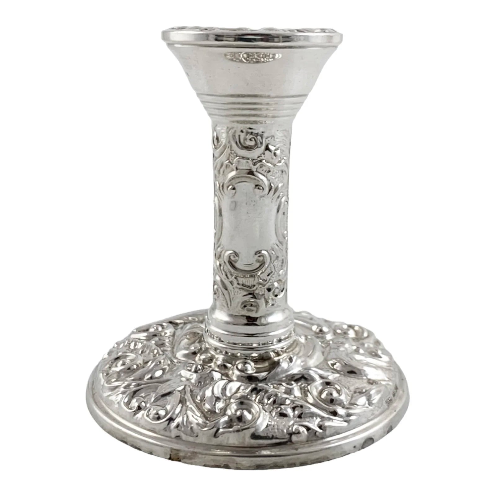 Vintage sterling silver candlestick embossed with flowers in Art Nouveau style
