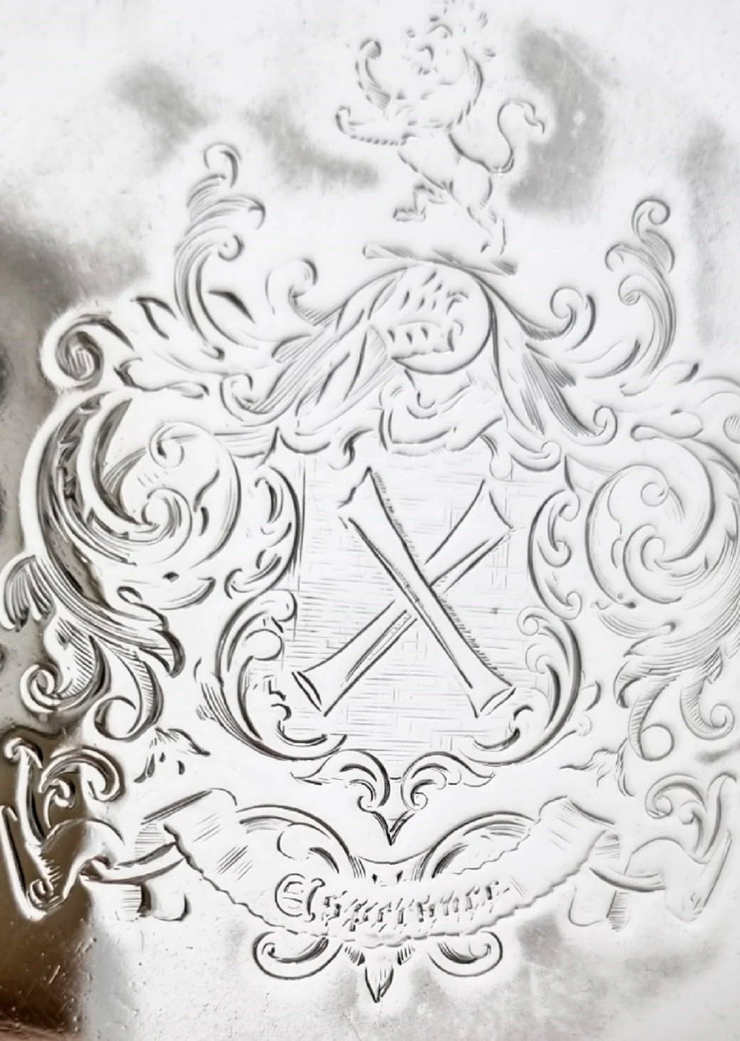 Early Victorian sterling silver large butter dish, Islamic design, coat of arms