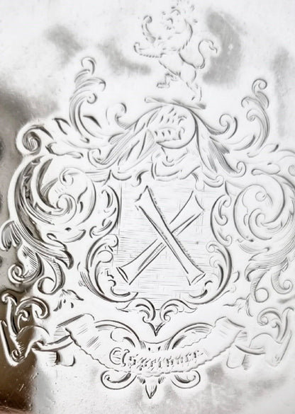 Early Victorian sterling silver large butter dish, Islamic design, coat of arms