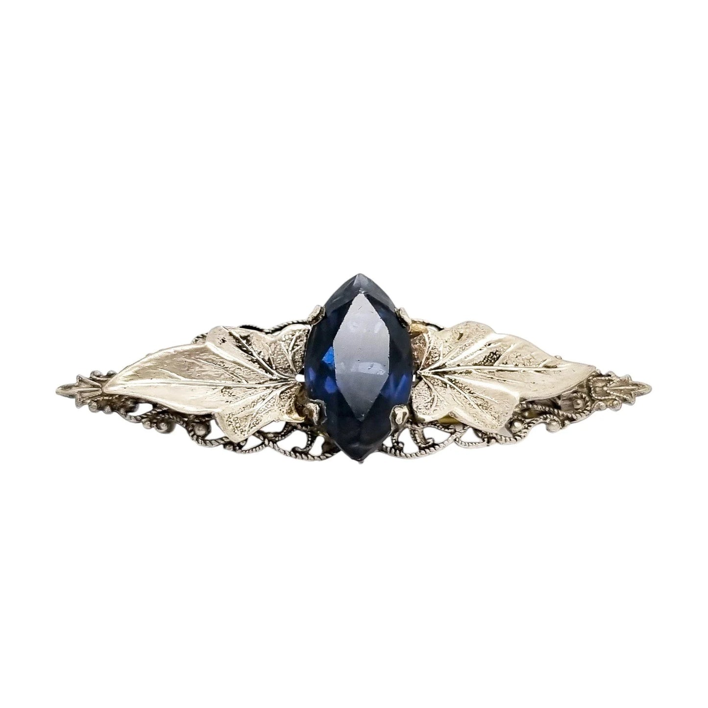 Edwardian Scottish silver blue rhinestone filigree leaf brooch
