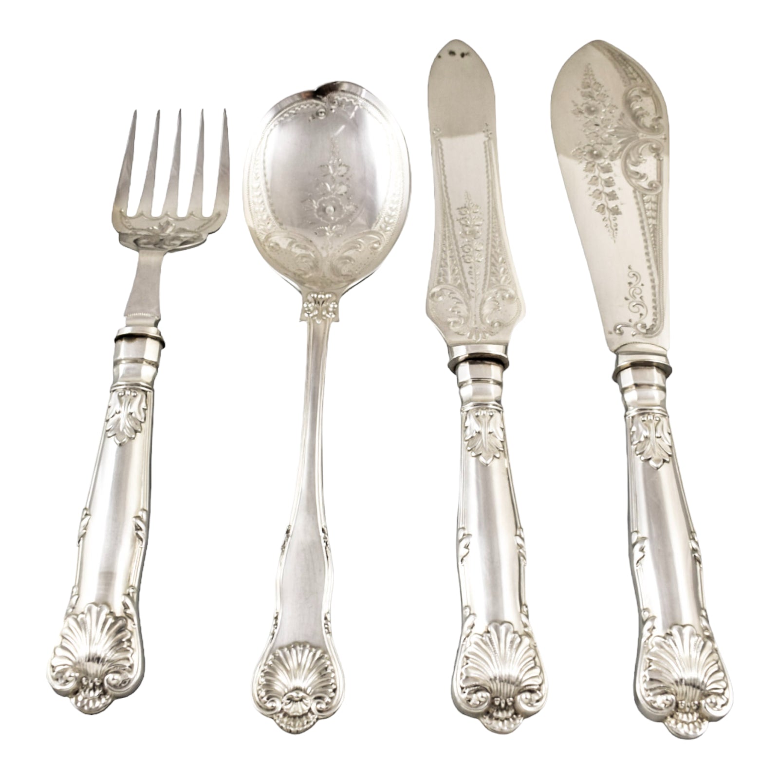 Victorian Queens silver plate 16 piece 6 person fish cutlery set, 4 servers in oak canteen