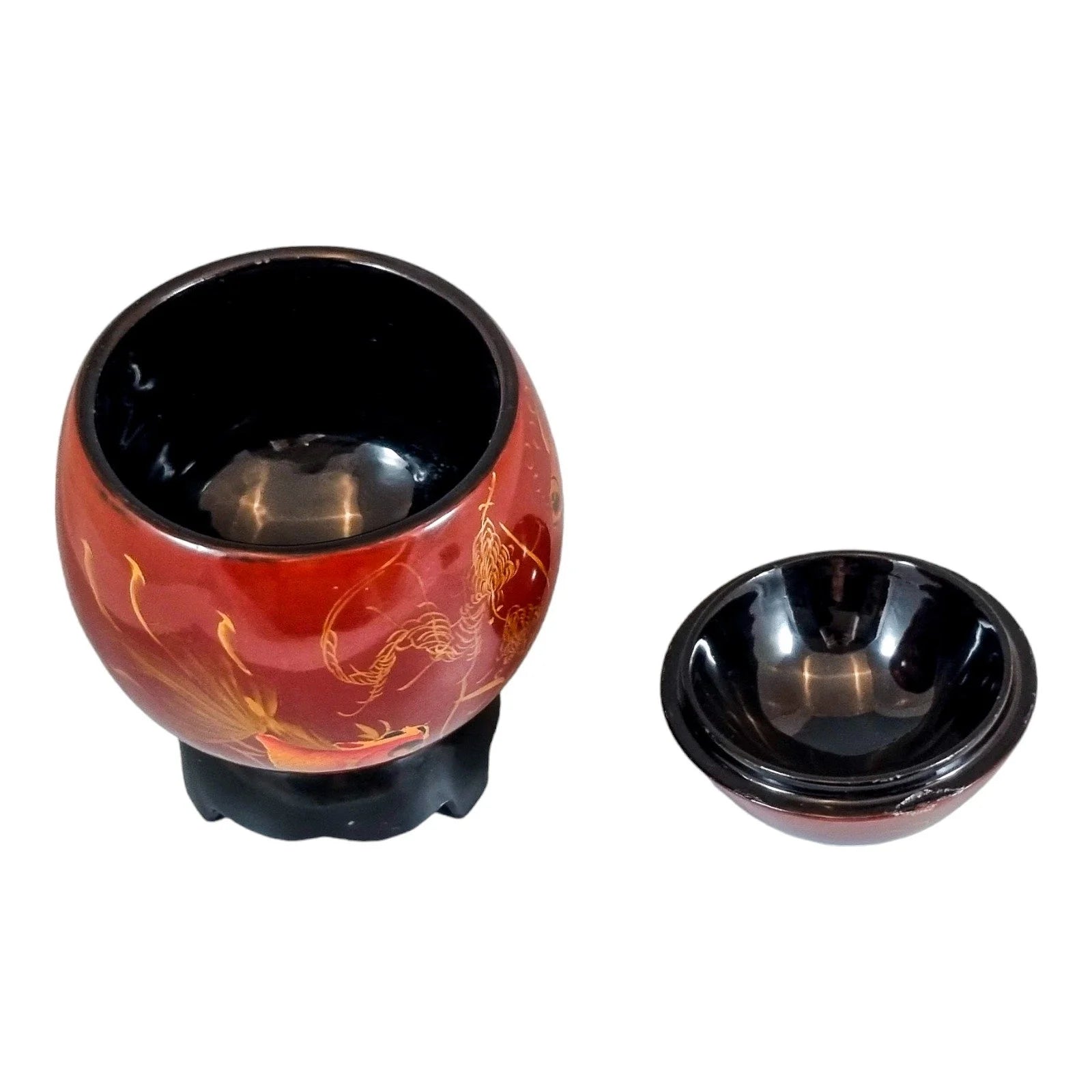 Egg-shaped large red lacquerware box on stand, gilded and painted with angelfish